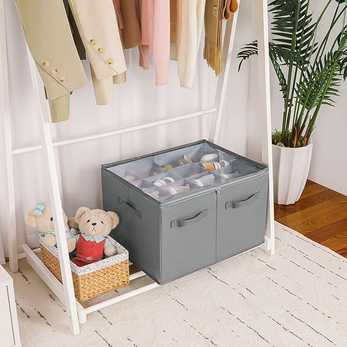 Shoe Organizer for Closet 2 Pack, Foldable Shoe Box with Adjustable Dividers and Clear Cover, Space Saving Shoe Storage Organizer Cabinet with Reinforced Handles, Fits 32 Pairs, Gray, TP12G