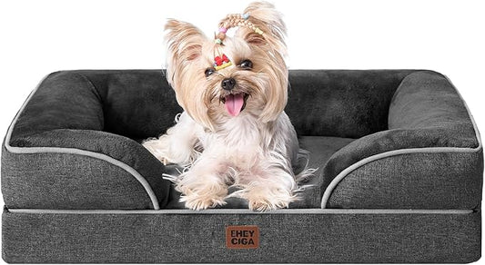 EHEYCIGA Orthopedic Dog Bed for Small Dogs, Waterproof Memory Foam Small Pet Beds with Sides, Non-Slip Bottom and Egg-Crate Foam Medium Dog Couch Bed with Washable Removable Cover, Dark Grey