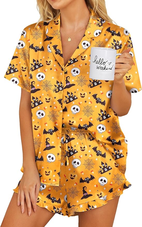 Ekouaer Womens Satin Pajamas Set Button Down 2 Piece Silk Pjs Shorts Set Ruffle Lingerie Notch Collar Sleepwear