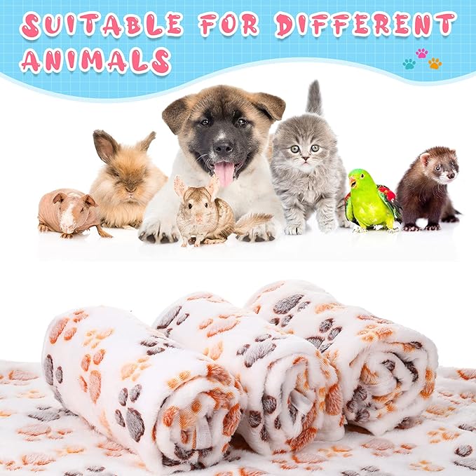 Tatuo 4 Pcs Dog Blanket for Pet Cat Blankets Indoor Puppy Teething Stuff Toys Paw Print Fleece Soft Blanket Sleep Mat for Guinea Pig Cage(White,X-Large(41 x 30 Inch),Square)