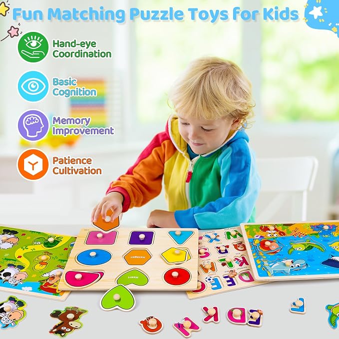 Wooden Peg Puzzles for Toddlers 3 4 Year Old, 4 Pack Montessori Toys Preschool Learning Puzzles for Toddlers with Animals, Shapes, Alphabet, Wooden Toddler Toys Gifts for Kids Boys Girls