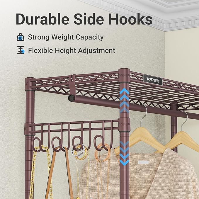 VIPEK R2 Plus Rolling Clothes Rack for Hanging Clothes Heavy Duty Clothing Rack 3 Tiers Adjustable Metal Wire Shelving Garment Racks with Side Hooks, Closet Organizers and Storage Wardrobe, Bronze