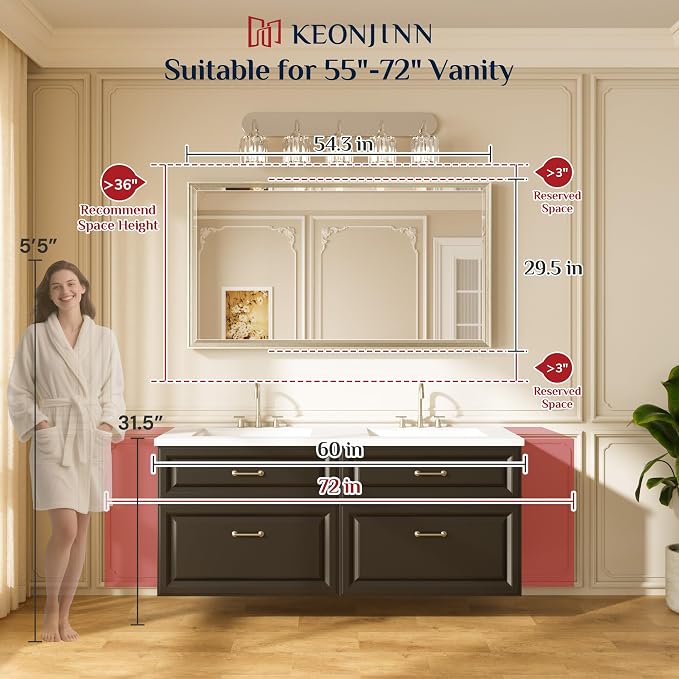 Keonjinn 55" x 30" Black Bathroom Vanity Mirror, Beveled Edge Tempered Glass