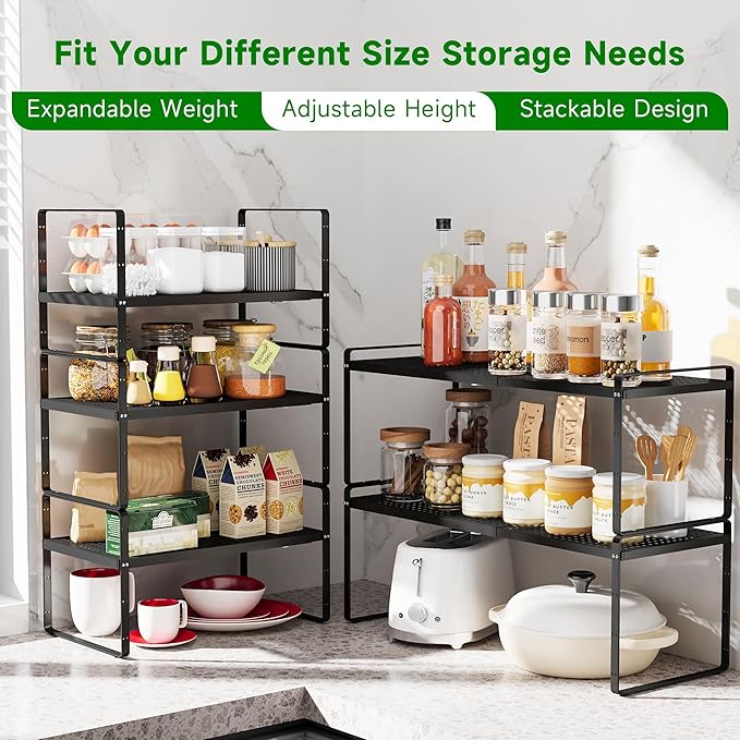 Expandable Kitchen Cabinet Shelf Organizer Rack Heavy Duty Metal Spice Rack Stackable Kitchen Counter Storage Shelf for Kitchen Cabinet Pantry Bathroom (Black - 16.5"-27" L x 8" W x 9.6" H - 1Pack)