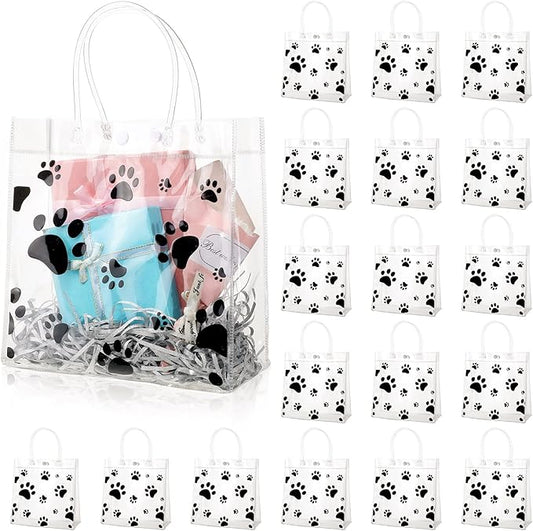 Teling 20 Packs Dog Paw Clear PVC Gift Bags with Handle Reusable Plastic Wrap Tote Bags Transparent for Puppy Pet Treat Party Favor Birthday Wedding Party, 8 x 8 x 3.15 Inch(Black)