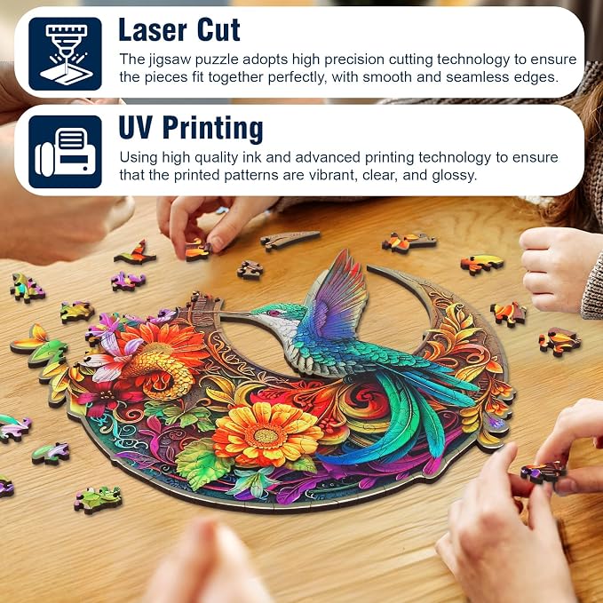 Unique Wooden Puzzles for Adults, Hummingbird Puzzle 500 Pieces 16.9" x 16.9", Animal Shaped Wood Puzzles Adult, Wooden Jigsaw Puzzles for Adults, Family Games for Kids and Adults
