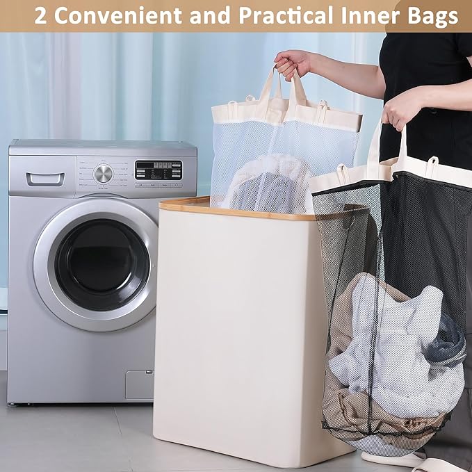 150L Laundry Basket with Lid, Large Laundry Hamper with Bamboo Handle, Collapsible Dirty Clothes Hamper Organizer with Removable Inner Bag for Clothes Toys Towels - Beige