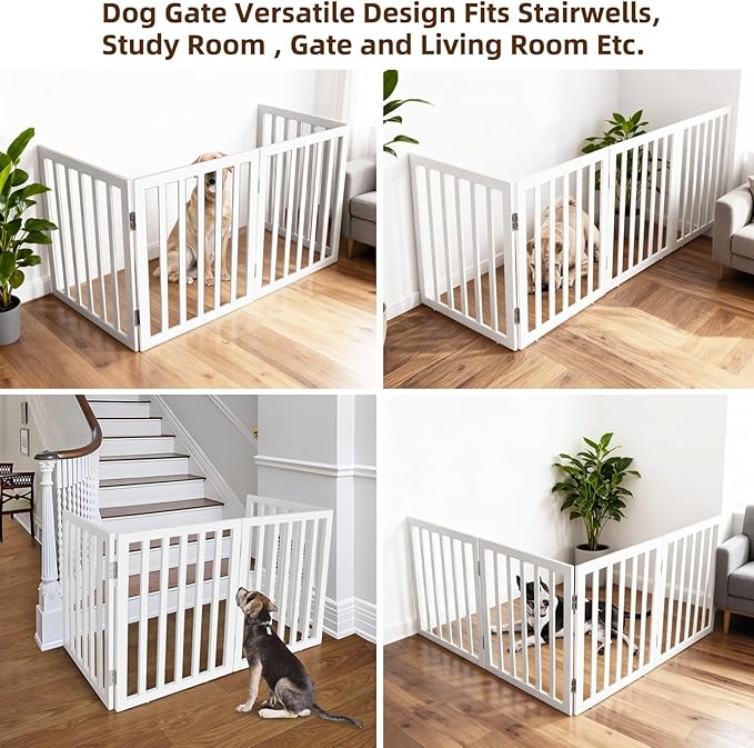 ZJSF Freestanding Indoor Dog Gate for House Foldable Wood White Puppy Gate for Doorways Pet Gate for Stairs Extra Wide Pet Fence 32" Height 4 Panels