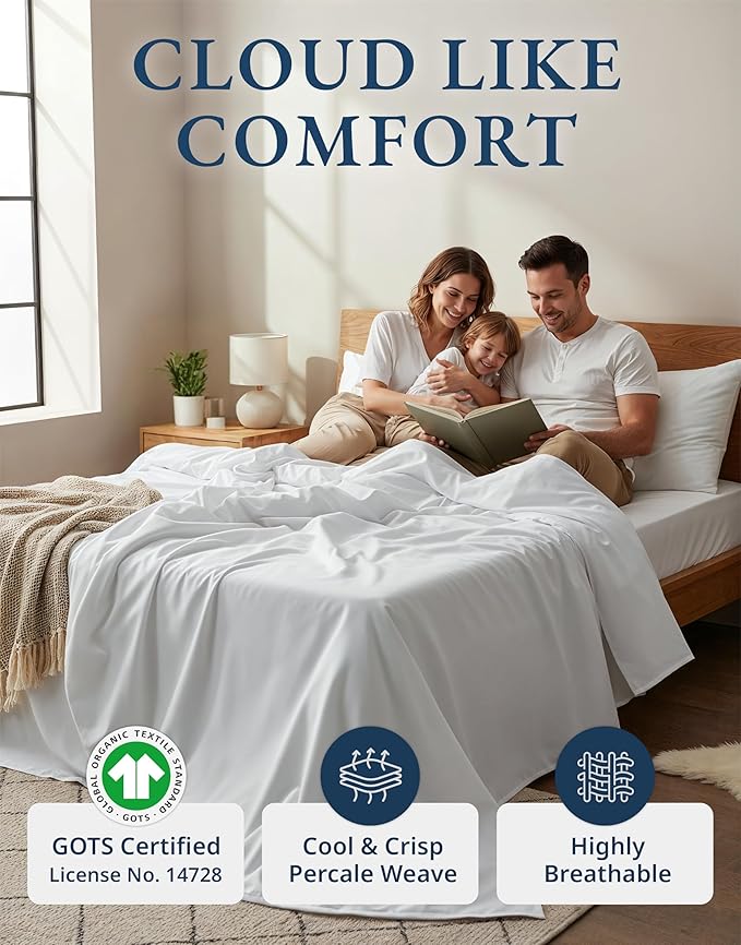 LANE LINEN 100% Organic Cotton Twin Sheets Set, 3Pc Twin Bed Sheets, Soft & Comfy Breathable Cotton Percale Sheets for Twin Size Bed, Dorm Room Essentials Low Pill Fade Resistant White Sheets