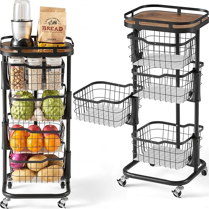 4 Tier Kitchen Fruit Vegetable Storage Cart with One-Piece Rotating Basket, Pantry Organizer Shelf Rack Floor Stand for Veggie Onion Potato Produce Spice, Rolling Snack Cart on Wheels, Black