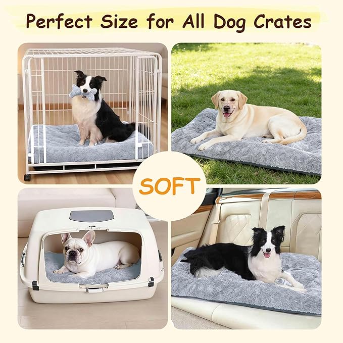 Washable Dog Bed for Small to Large Dogs, Calming Anti Anxiety Medium Dog Bed, Deluxe Plush Faux Fur Crate Beds, Comfy Fluffy Kennel Pad Pet Sleeping Mat with Non-Slip Bottom, 35"x22", Gray