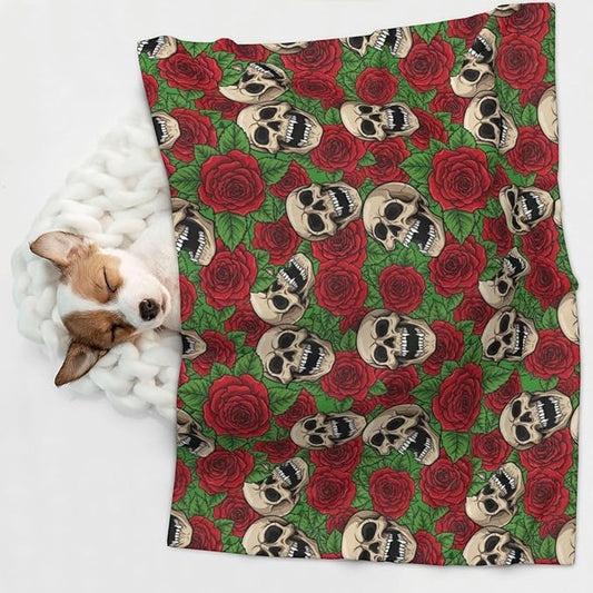 Double Sided Pet Mat for Dog Bed Topper Cat Blanket Furniture Protector, Floral Rose Flowers Day of The Dead Sugar Skulls, Reversible Plush with Tactile Dot Pattern for Style Change