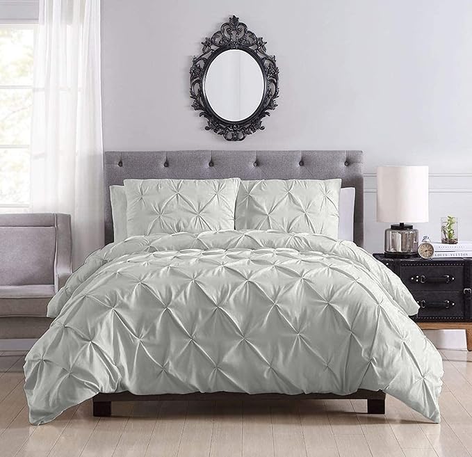Pinch Pleated Duvet Cover Set 100% Cotton 3PC Super King Size 98x108 Duvet Cover Set, Decorative Pinch Design Silver Grey Duvet Cover with Matching Pillow Case