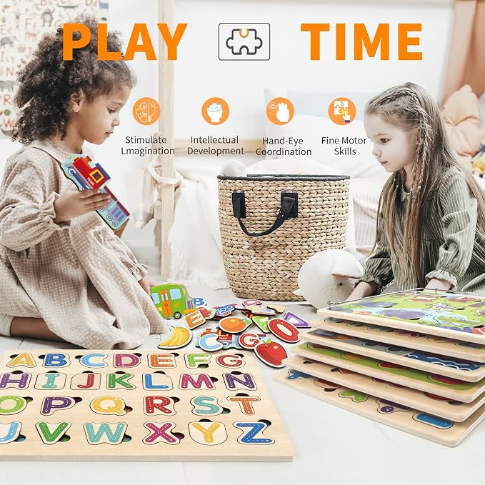 Wooden Puzzles for Toddlers with Storage Rack, WOOD CITY Toddler Puzzles Ages 3-6 for Kids, Learning Preschool Wood Puzzle for Boys and Girls-6 Pack Alphabet Number Shape Fruit Animal Vehicle