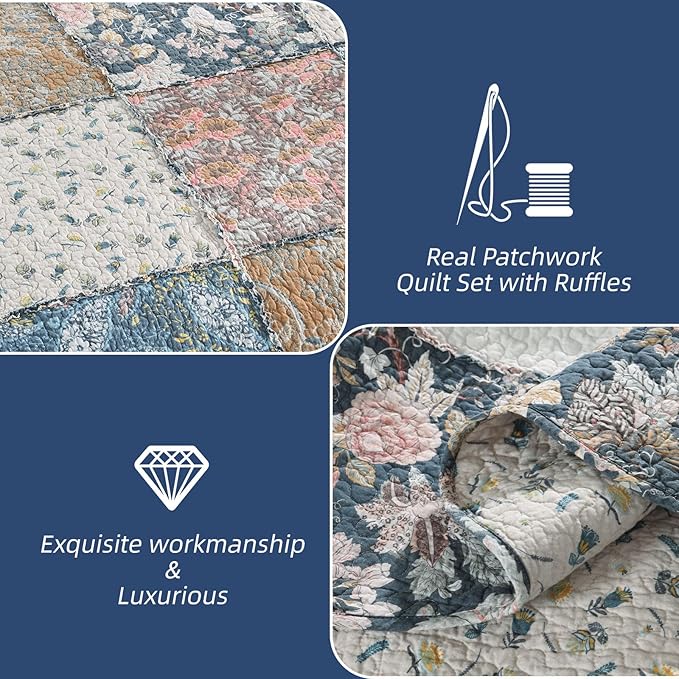 Yvooxny 3-Piece Quilt Set King Size Quilted Bedspread Reversible Country Style Blue Floral Paisley Real Patchwork Bedding Quilt Set with Ruffles with Pillowcases for All Seasons, 108 * 96 Inches
