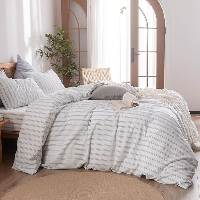 BESTOUCH Duvet Cover Set 100% Washed Cotton Linen Feel Super Soft Comfortable Chic Lightweight 3 PCs Home Bedding Set White & Cornflower Blue Stripes King