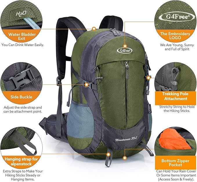G4Free 35L Hiking Backpack Water Resistant Outdoor Sports Travel Daypack Lightweight with Rain Cover for Women Men (Army Green)
