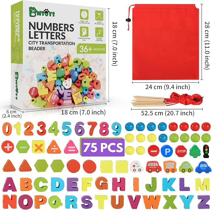 BMTOYS Wooden Lacing Toy Alphabet Number Threading Beads for Boys Girls Age 3 4 5 6 Montessori Educational Learning Birthday Gift