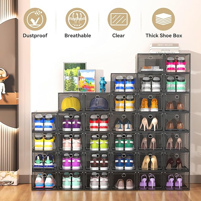 XX Large Clear Shoe Storage Box Organizer for Closet, 9 Pack Thicken Hard Plastic Stackable Shoe Sneaker Rack Display Case Container Bins Organizer, Easy Assembly, Grey