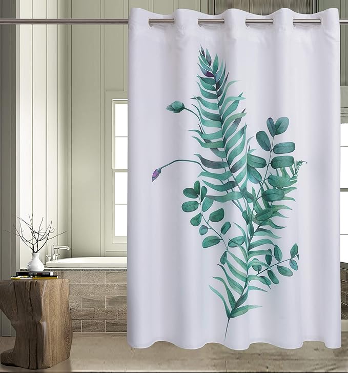 Conbo Mio No Hook Shower Curtain with Snap in Liner Set, Hotel Luxury Shower Curtains for Bathroom with See Through Top Window, Waterproof, Washable 71W x 74H Leaf