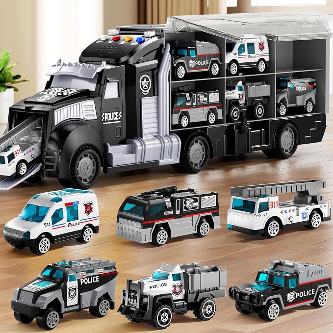 NIPLOOOW Police Trucks Toy Set with Play Mat, Carrier Truck Play Vehicles Set for 3 4 5 6 Years Old Boys Kids, Die-Cast Car Toy for Toddlers 3-4 Years, Birthday Gifts Toys for 3-9 Year Old Boys