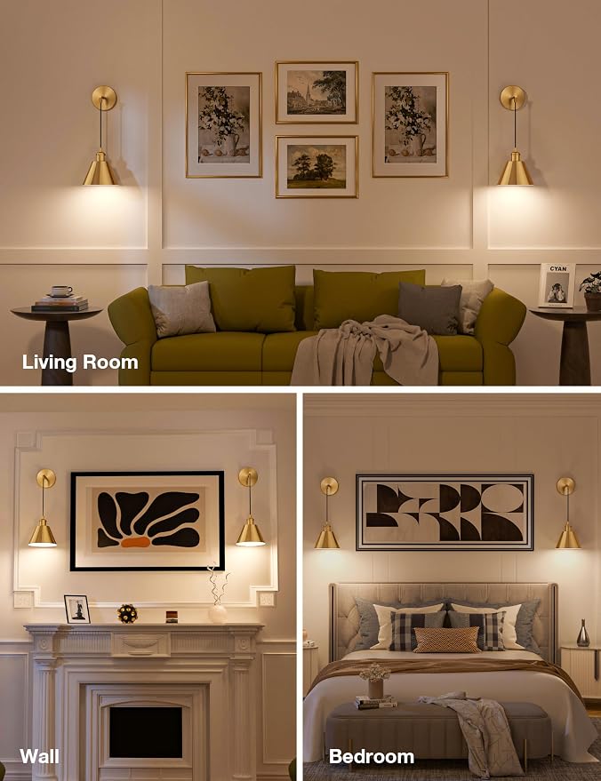 NIORSUN Brushed Gold Battery Operated Wall Sconce Set of 2, 5200mAh Dimmable