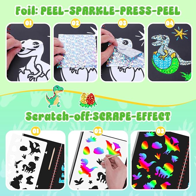 homicozy Art & Craft Activity for Kids - Foil Fun Dinosaurs & Scratch Art Book 2-in-1, No Mess Art Crafts for boys,DIY Creative Activity Kit,Gifts for Boys and Girls Ages 4, 5, 6, 7, 8, 9, Travel Toys