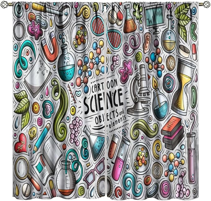 Science Symbols Kids Curtain Sketches Cartoon Chemistry Physics Geometry Education Pattern Print Window Drapes for Bedroom Living Room Kitchen Decor,2 Panel Set,72x63 Inch Blackout