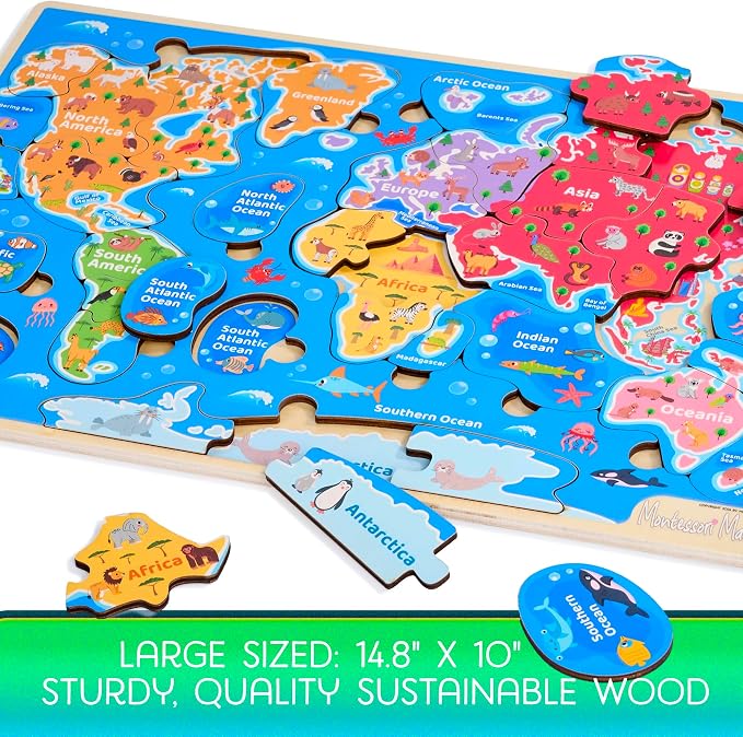 Montessori Mama World Map Wooden Puzzle, Continents and Oceans Puzzles for Kids Ages 4-6. Perfect Educational Toys for 4 Year Old Including Global Landmarks, Animals and Marine Life