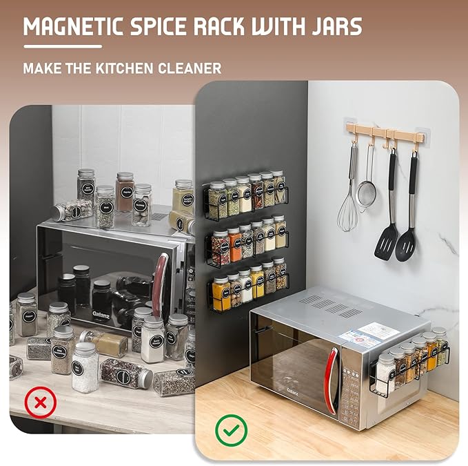 VITEVER Magnetic Spice Rack, 4 Pack, 24 Square Glass Jars with Lids, Quick-Find Pre-Printed Labels, Funnel, Space Saver, Refrigerator and Microwave Oven Organizer