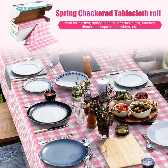 Kochorie 54 Inch x 300 Ft Light Pink Checkered Plastic Table Cloth Roll