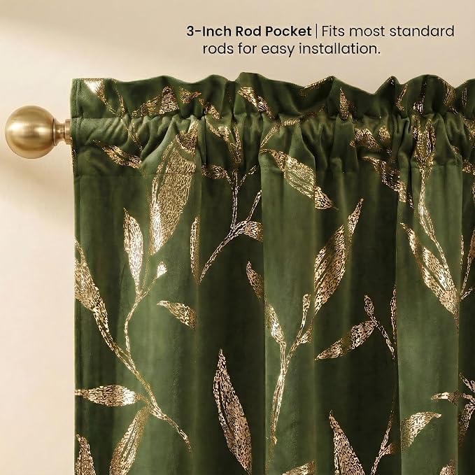 NICETOWN Leaf Patterned Green Velvet Curtains 96 inches Long 2 Panels Gold Foil