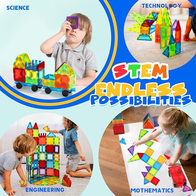 Magnetic Tiles 131 PCS with 2 Cars STEM Toys for Kids Ages 3-8