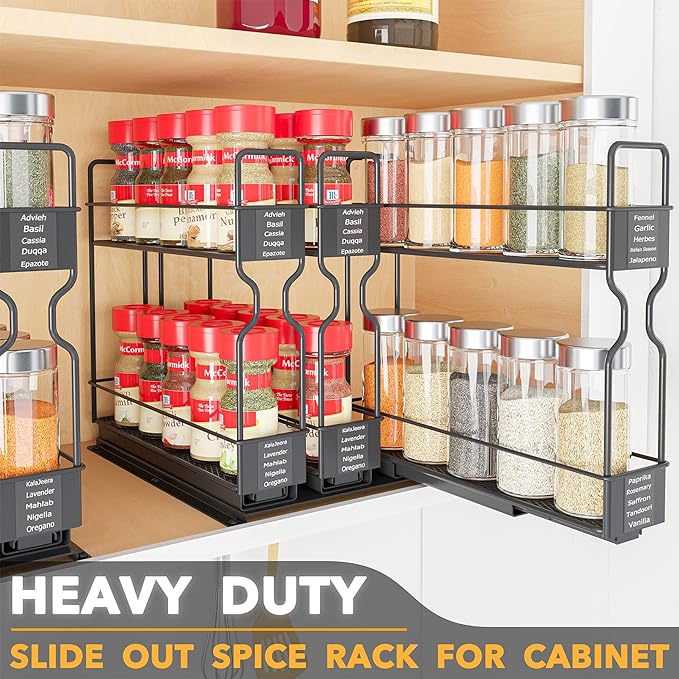 SpaceAid Pull Out Spice Rack Organizer for Cabinet, Heavy Duty Slide Out Seasoning Kitchen Organizer, Cabinet Organizer, with Labels, 7.7" W x10.75 D x10 H, 3 Drawers 2-Tier