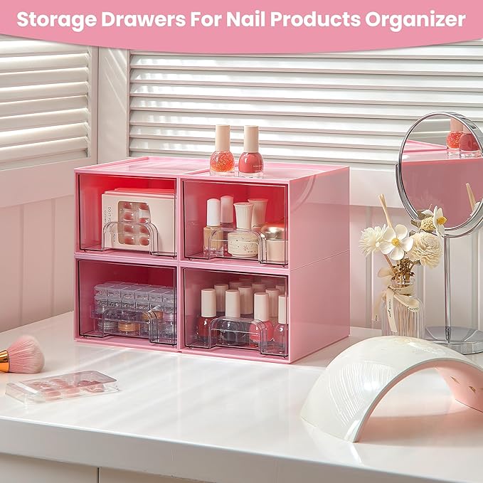 Vtopmart 4Pack Small Stackable Storage Drawers, Bathroom Makeup Organizer,Plastic Storage Bins For Vanity, Undersink, Kitchen Cabinet, Pantry, Home Organization(Pink)