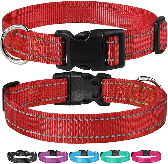 Reflective Dog Collar with Buckle Adjustable Safety Nylon Collars for Small Medium Large Dogs, Red XL
