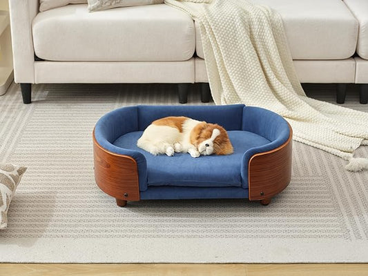 Scandinavian Style Elevated Dog Bed, Pet Sofa with Solid Wood Frame & Walnut Bent Wood Back, Orthopedic Support, Removable Washable Velvet Cover, Small Size, Dark Blue