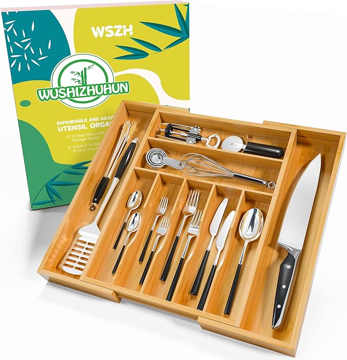 Utensil Organizer Silverware Tray For Drawer - Expandable Silverware Organizer Bamboo Flatware Organizer for Kitchen Utensils and Cutlery, Living Room Storage Box W13.5"-19.9" x L17.6" (Yellow)