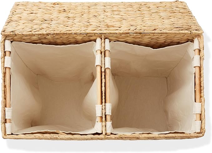 Casafield 2-Section Laundry Hamper with Removable Liner Bags - Natural, Woven Water Hyacinth Double Laundry Basket Sorter for Clothes and Towels