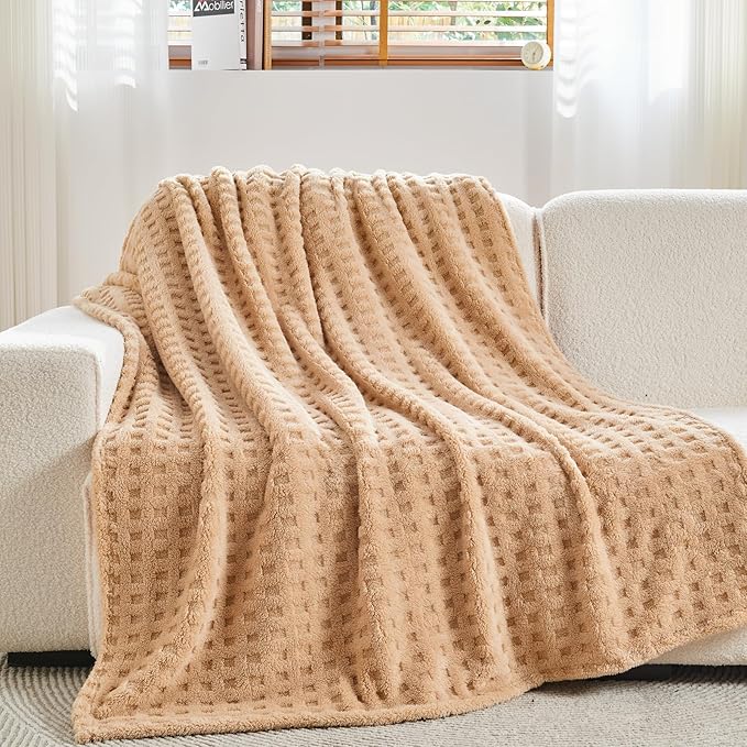 NEWCOSPLAY Super Soft Queen Blanket Brown Premium Silky Flannel Fleece 3D Waffle Checkered Lightweight Bed Blanket All Season Use (Brown, Queen(90"x90"))