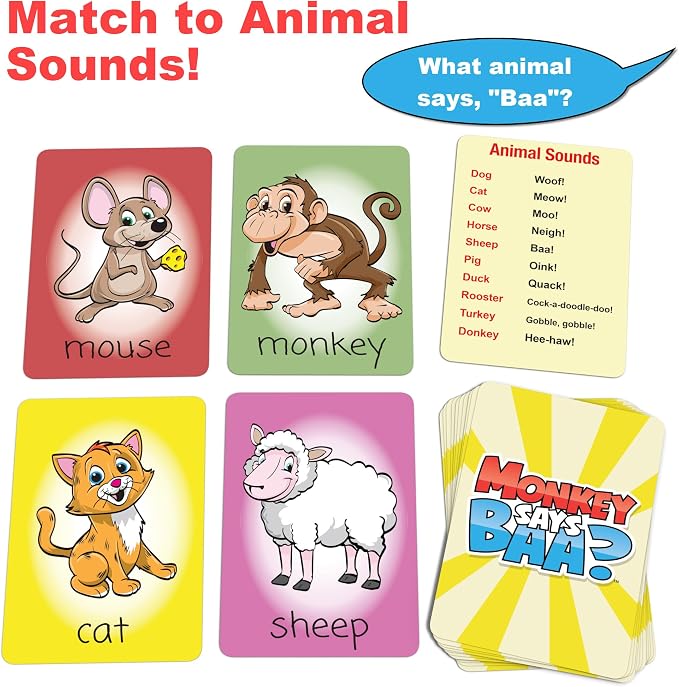 Monkey Says Baa? – Animal Matching Game for Kids Ages 4 and Up | Fun Preschool Learning Activities with Mimicked Animal Sounds & Charades for Sensory Play – Birthday Gift for Boys & Girls (Pack of 2)