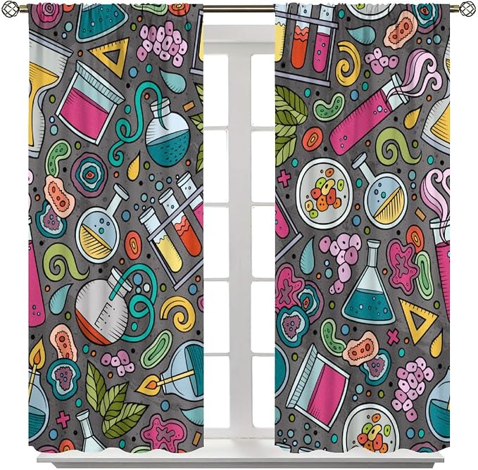 Science Physics Curtains, Abstract Math Chemistry Curtain Scientist Graffiti Print Window Treatments for Kids Teens Bedroom Living Room Set 2 Panels,42x54 Inches, Style-3