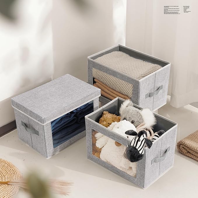 Storage Baskets with Lids, 4 Pack Large Box Organizer with Window, Fabric Storage Cubes Bins for Closet, Collapsible Organizer Bins for Bedroom, Living Room, Dorm, Blended