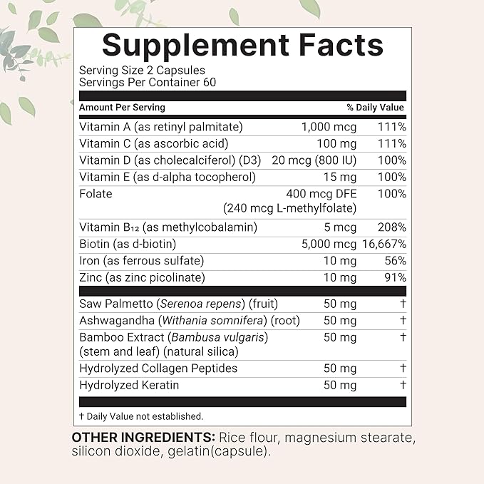 Hair Growth Vitamins Complex, 120 Capsules | 14-in-1 Formula with 5,000mcg Biotin, Collagen, Keratin, Vitamin C, Saw Palmetto & More | Vitaminas Para El Cabello | Promotes Natural Growth & Thickness