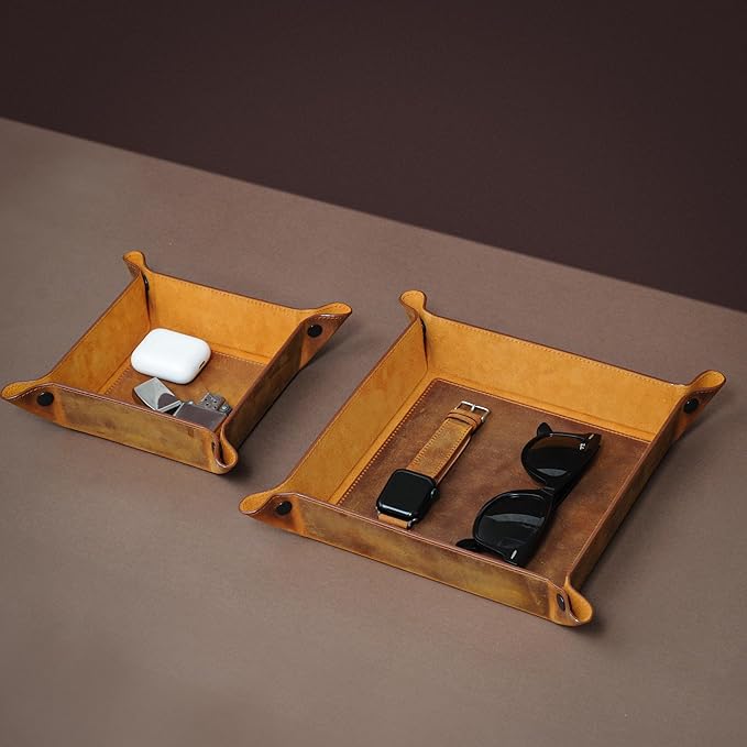 Handmade Leather Catch All Tray, Customizable Handcrafted Genuine Leather Valet Tray and Organizer for Keys, Phones, Jewels, Coins, Square - Small, Purple