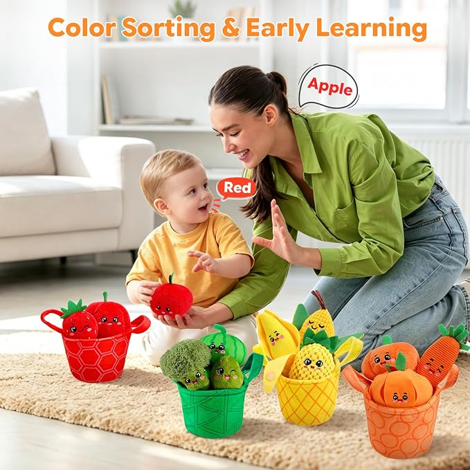 Baby Toys 6-12 Months, Sensory Fruit & Vegetable Toy Set with Rattle, Crinkle & Color Sorting Baskets, 16 PCS Montessori Fine Motor Toy for 6-18 Months, Baby Gifts for Boy Girl 6 9 Months Old