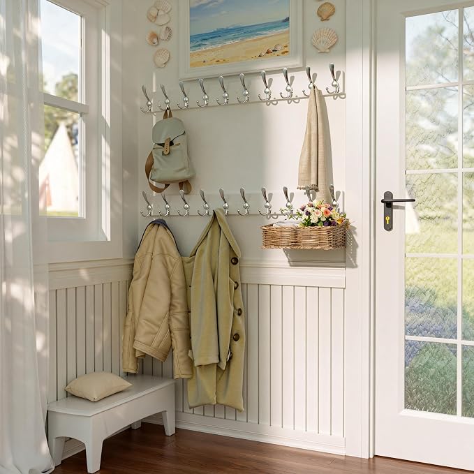 SKOLOO Creations White Solid Wood Wall Mounted Coat Rack, 10 Hooks, 38-1/8" Long