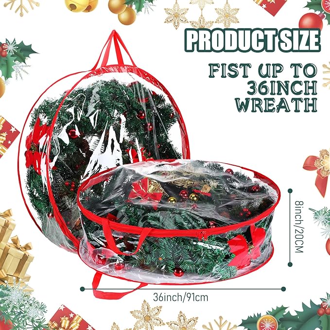 Shappy 6 Pcs 36 Inch Christmas Wreath Storage Container Clear Wreath Storage Bags PVC Waterproof Garland Bags with Clear Window Dual Zippers and Handles for Xmas Holiday Artificial Garland (Red)