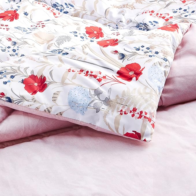 Amazon Basics Full/Queen Size Comforter Sets, Ultra-Soft Lightweight Microfiber Reversible 3-Piece Bedding, Pink Floral