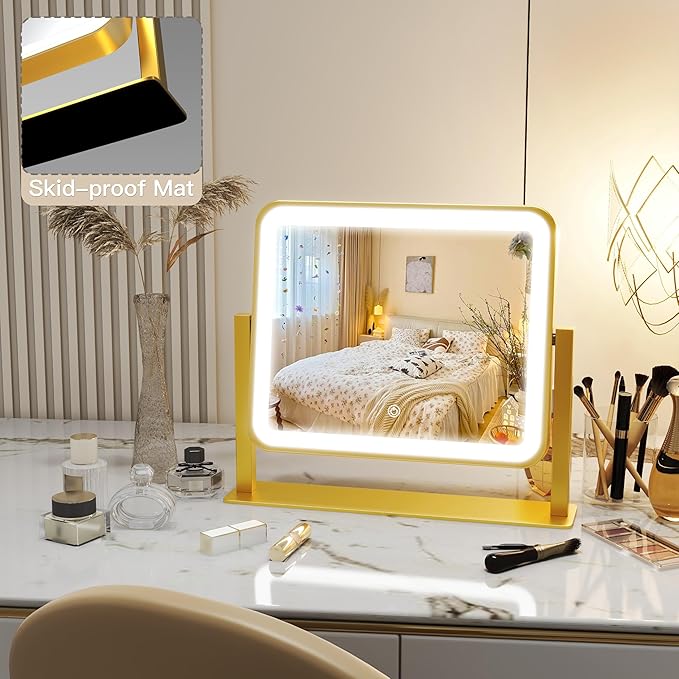 ROLOVE Gold Vanity Mirror with Lights, 14"×12" LED Makeup Mirror, Lighted Makeup Mirror with Lights, Smart Touch Control 3 Colors Dimmable, Lighted Up Mirror for Makeup Desk, 360° Rotation
